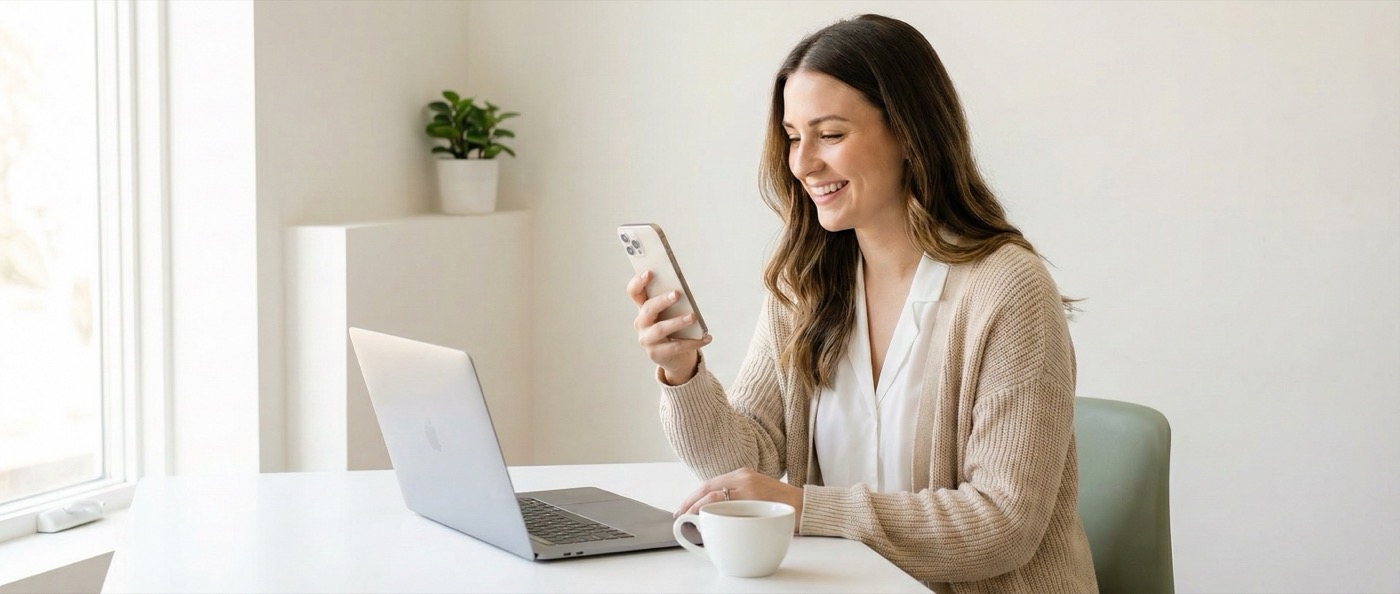 Frau freut sich beim Online-Shopping